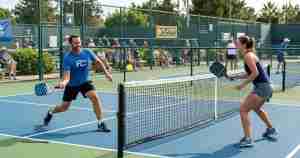 Two players compete in a pickleball match on a blue court, man in a blue shirt and black shorts lunges to hit the ball toward the woman at the net.