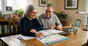 Older couple reviewing retirement planning documents at a wooden table, smiling as they discuss charts and notes.