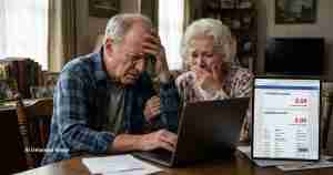Elderly couple with worried expressions sit at a table, looking at a laptop as a tablet shows two bank accounts with 0.00 balances. A few papers lie on the table nearby.
