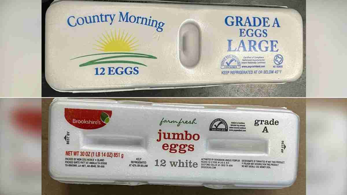 Two egg cartons: top carton labeled 'Country Morning 12 EGGS' with a sun and green hills graphic; right side reads 'GRADE A EGGS LARGE' and 'KEEP REFRIGERATED'. Bottom carton reads 'Brookshire's jumbo eggs', '12 white', and 'farm fresh' with various small print.