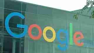 Google logo in blue, red, yellow, and green on a glass office building facade with tree branches nearby.
