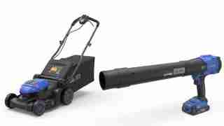 Cordless lawn mower with blue accents connected to a long blue-and-black leaf blower tube for yard cleanup set.