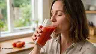 Woman sipping a glass of tomato juice in a bright kitchen with fresh tomatoes on the counter behind her
